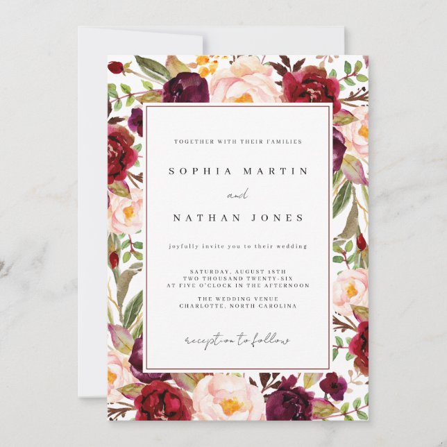 Floral Burgundy Watercolor Wedding Einladung (Vorderseite)