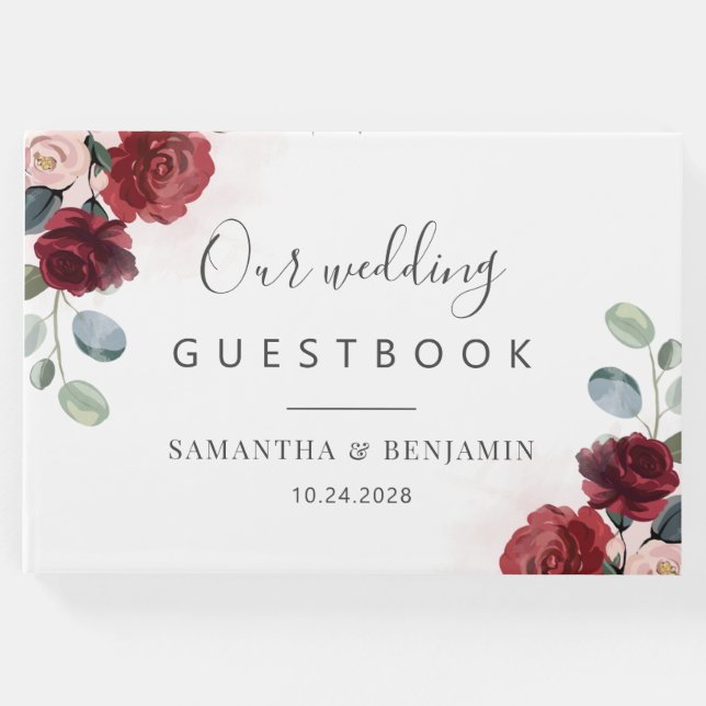 Floral Burgundy Watercolor Wedding Gästebuch (Vorderseite)