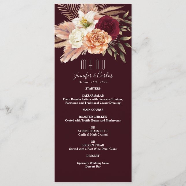 Floral Burgundy Wedding Menu Menükarte (Vorderseite)