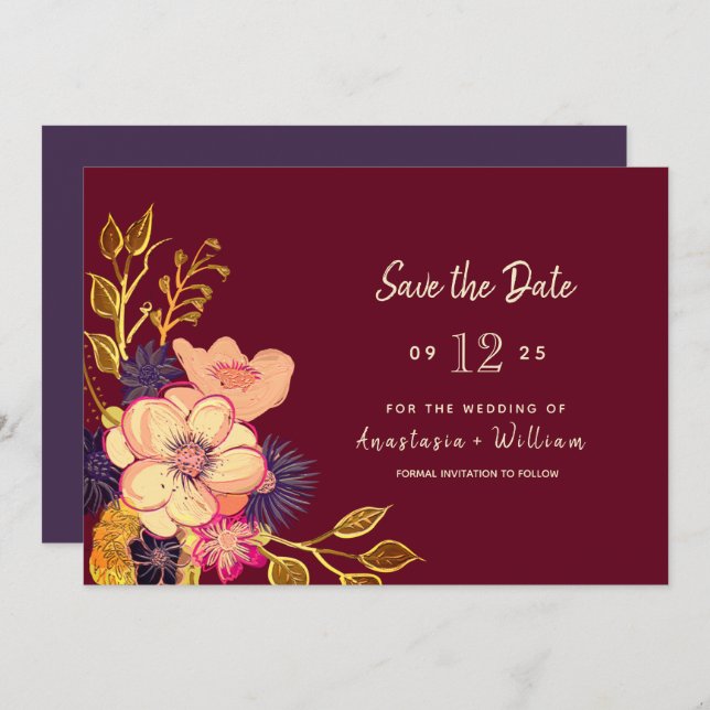 Floral Burgundy Wedding speichern das Datum Save The Date (Vorne/Hinten)