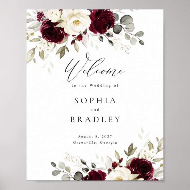 Floral Burgundy White Gold Wedding Willkommenszeic Poster (Vorne)