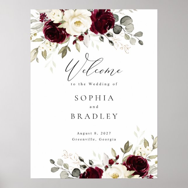 Floral Burgundy White Gold Wedding Willkommenszeic Poster (Vorne)