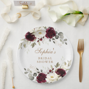 Floral Burgundy White Greenery Gold Brautparty Pappteller