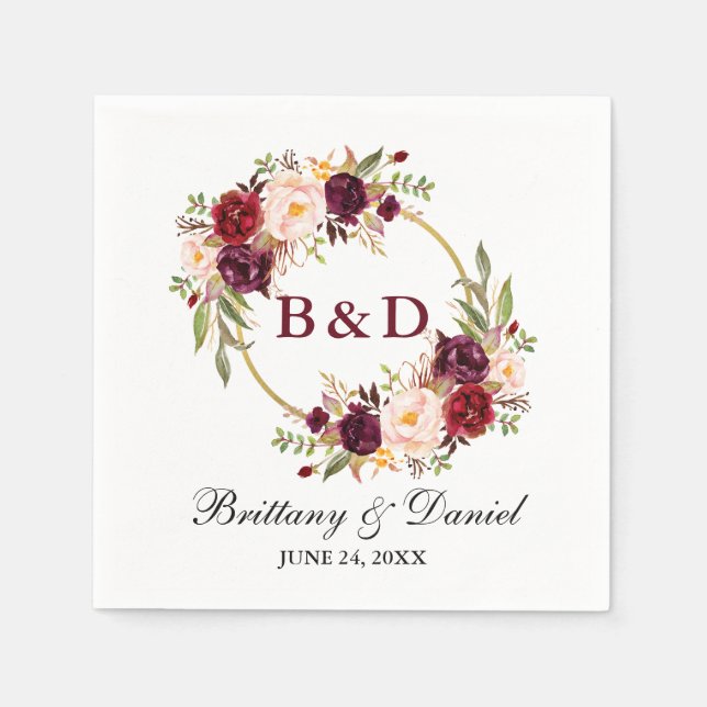 Floral Burgundy Wreath Monogram Wedding Serviette (Vorderseite)