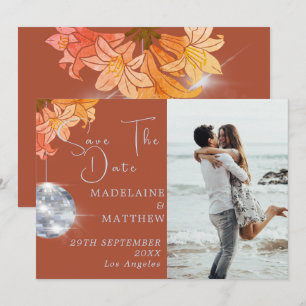 Floral Burnt Orange Disco Save the Date Hochzeit