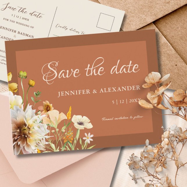 Floral Burnt Orange Rust Terracotta Save the Date Postkarte (Von Creator hochgeladen)
