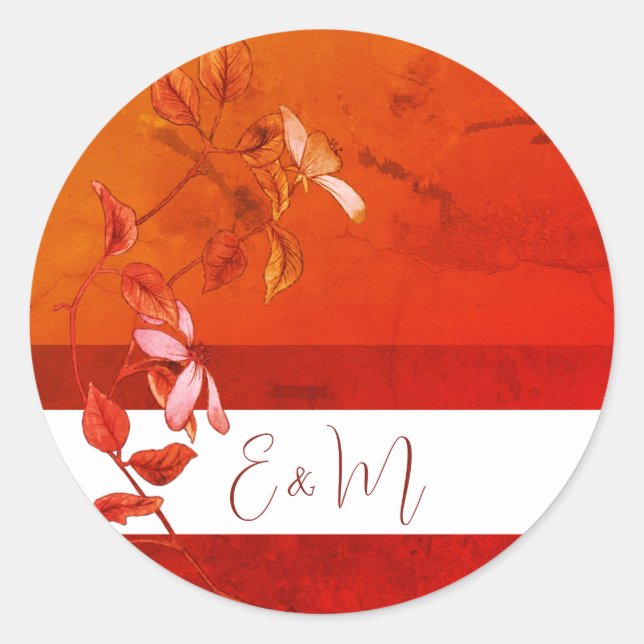 Floral Burnt Orange Rustic Terracotta Monogram Runder Aufkleber (Vorderseite)