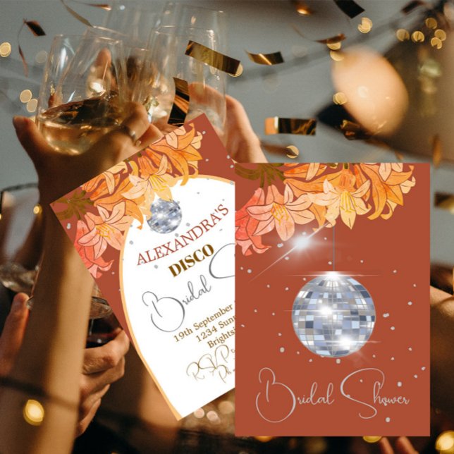 Floral Burnt Orange Silver Disco Brautparty Einladung (Von Creator hochgeladen)