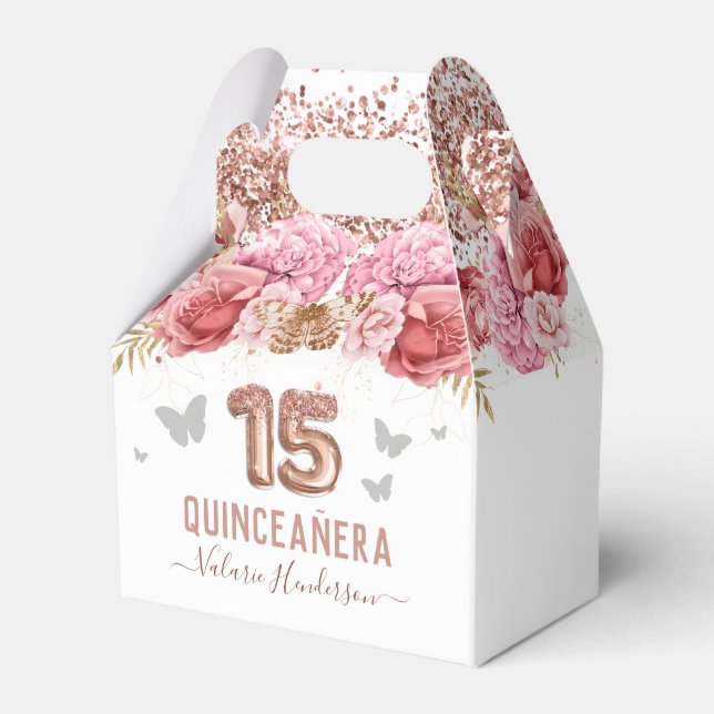 Floral Butterfisch Pink Quinceañera Geschenkschachtel (Vorderseite)