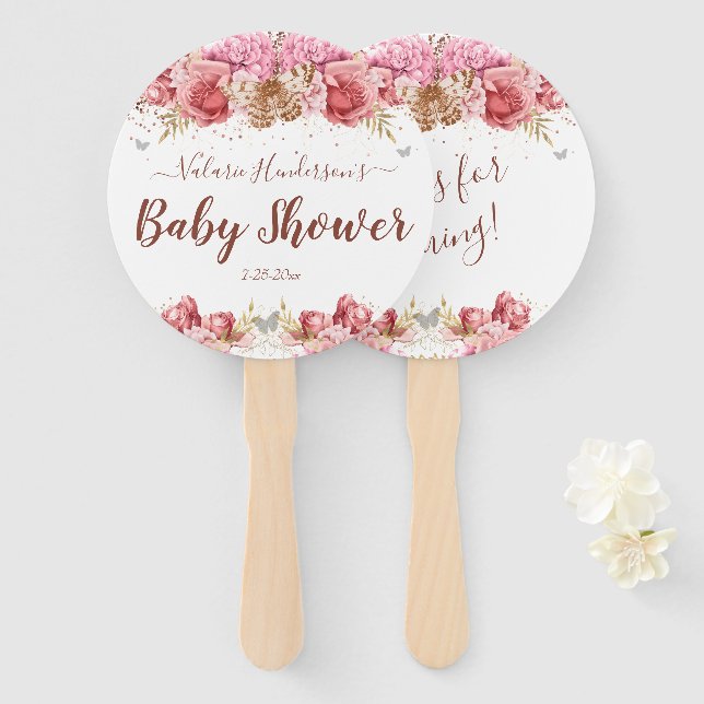 Floral Butterfliegen Pink Baby Dusche Fächer (Vorne und Hinten)