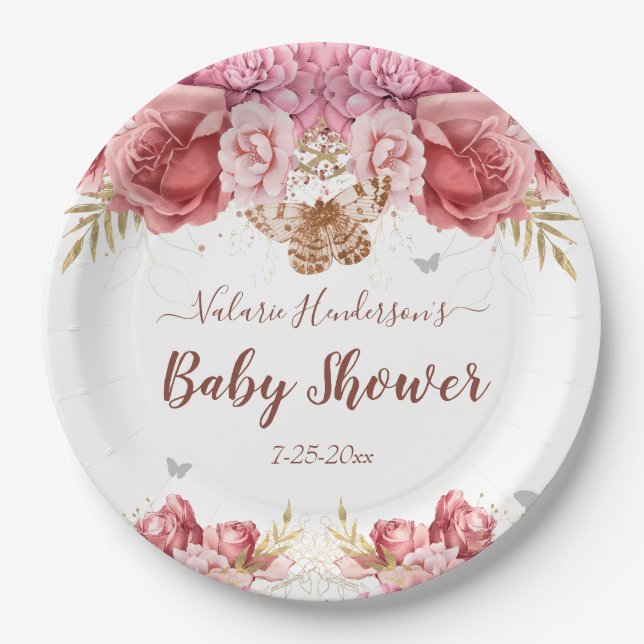 Floral Butterfliegen Pink Baby Dusche Pappteller (Vorderseite)