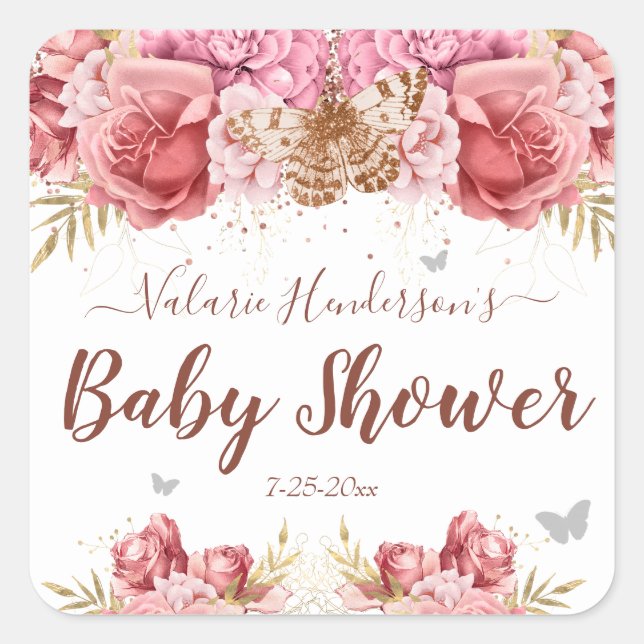 Floral Butterfliegen Pink Baby Dusche Quadratischer Aufkleber (Vorderseite)