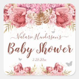 Floral Butterfliegen Pink Baby Dusche Quadratischer Aufkleber