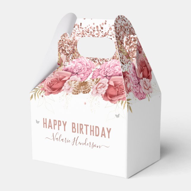 Floral Butterfliegen Pink Happy Birthday Geschenkschachtel (Vorderseite)