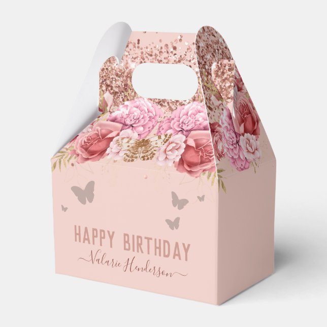 Floral Butterfliegen Pink Happy Birthday Geschenkschachtel (Vorderseite)