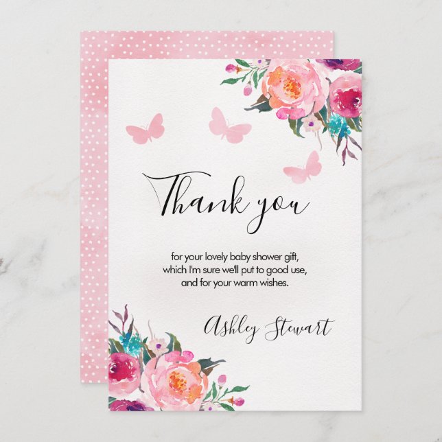 Floral Butterflies Babydusche Danke Kartenmädchen Einladung (Vorne/Hinten)
