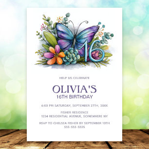 Floral Butterfly Blau Lila 16. Geburtstagsfeier Einladung