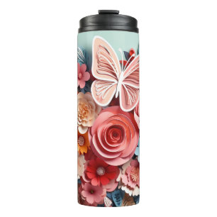Floral & Butterfly - blau - schlanker, thermischer Thermosbecher