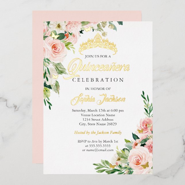 Floral Butterfly Blush Pink Gold Quinceanera Folieneinladung (Vorderseite/Rückseite)