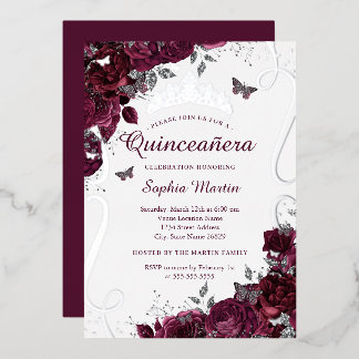 Floral Butterfly Elegant Burgundy Quinceanera Folieneinladung