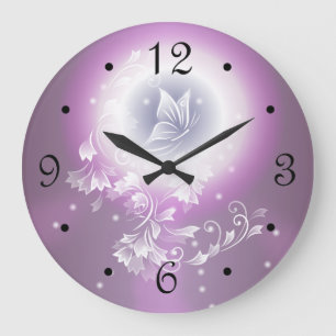 Floral Butterfly Fantasy Lila Große Wanduhr
