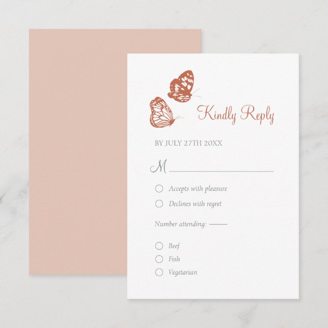Floral Butterfly Garden Terracotta Boho Wedding RSVP Karte (Vorne/Hinten)