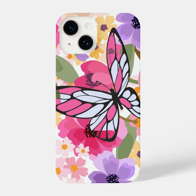 Floral Butterfly iPhone Hülle (Shades of pink and white, set against a backdrop of colorful flowers.  )