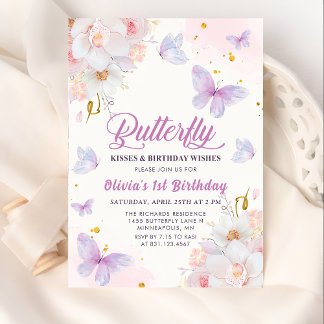 Floral Butterfly Kisses Lila Girl Geburtstag Einladung