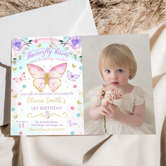 Floral Butterfly Kisses und Birthday Wishs Foto Einladung (Von Creator hochgeladen)