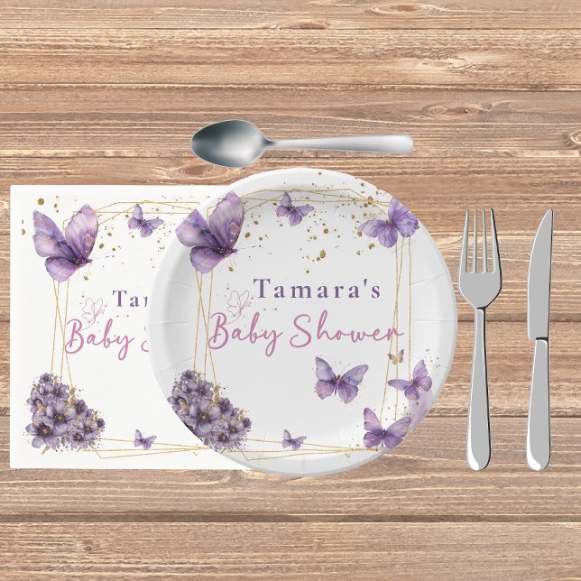 Floral Butterfly Lila Gold Baby Dusche Party Pappteller (Von Creator hochgeladen)