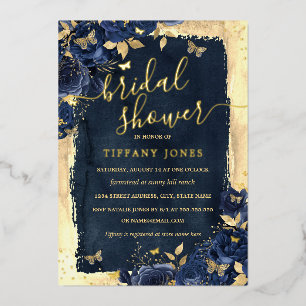 Floral Butterfly Navy Gold Brautparty Folieneinladung