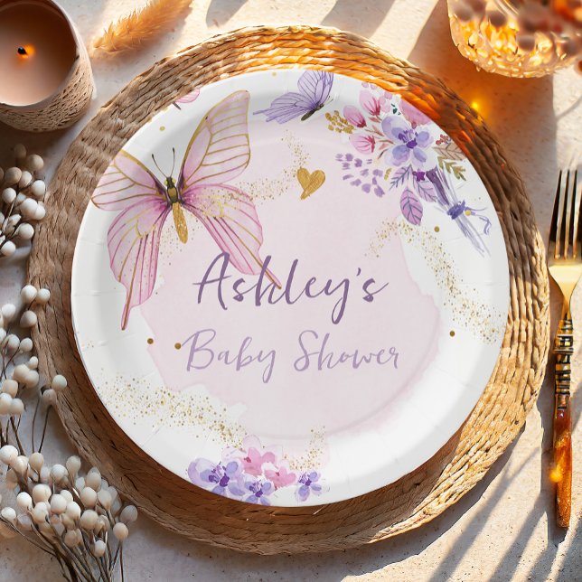 Floral Butterfly Pink Garden Girl Babydusche Pappteller (Von Creator hochgeladen)