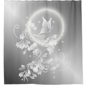Floral Butterfly Silver White Fantasy Duschvorhang