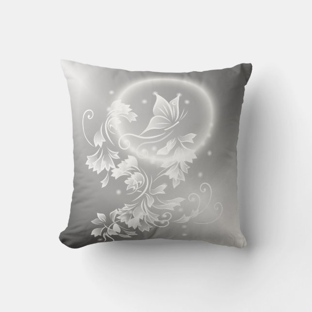 Floral Butterfly Silver White Fantasy Kissen (Vorderseite)