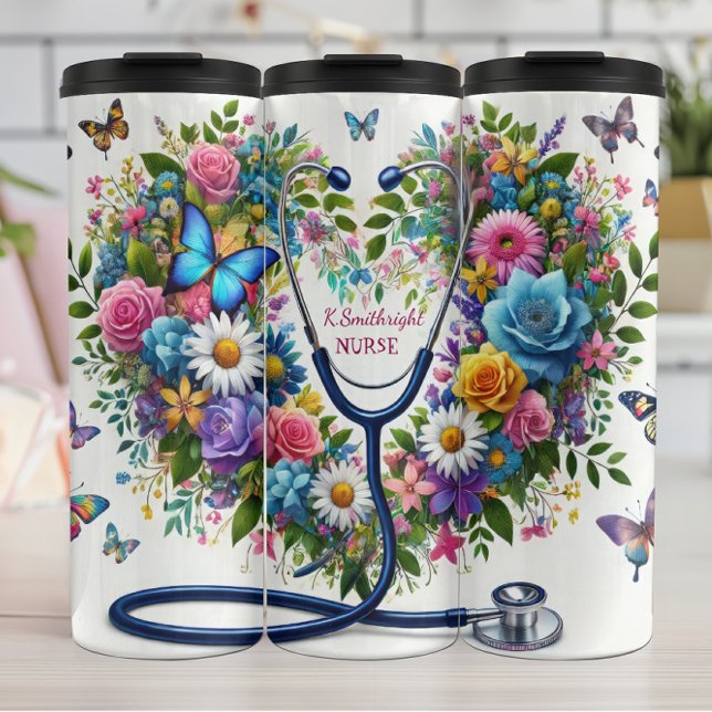 Floral Butterfly Stethoscope Nurse Heart Thermosbecher (Von Creator hochgeladen)