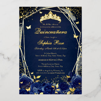 Floral Butterfly Tiara Navy Quinceanera Folieneinladung