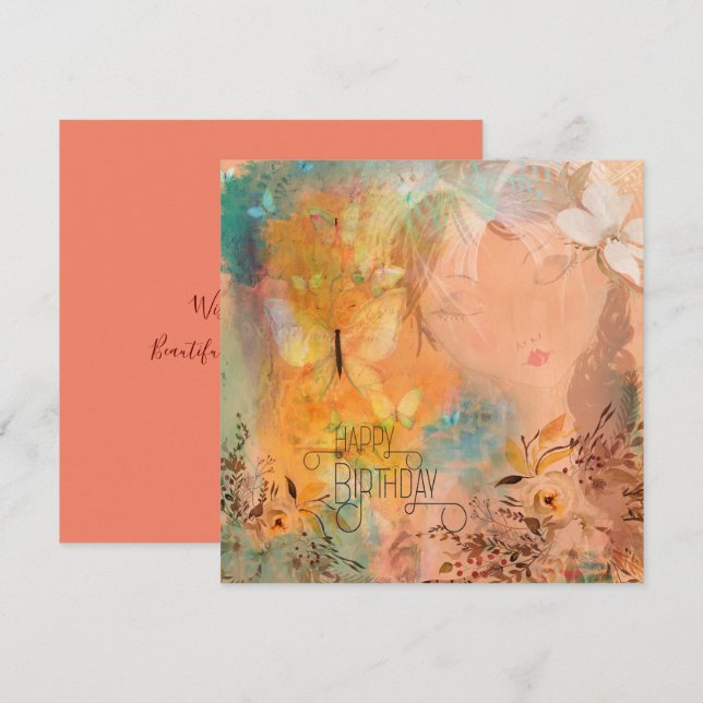 Floral Butterfly Whimsical Girl Happy Birthday Karte (Vorne/Hinten)