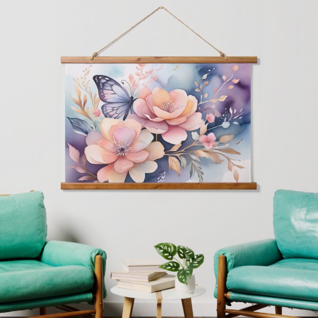 Floral Butterfly Whimsy Wandteppich Mit Holzrahmen (Wohnzimmer)