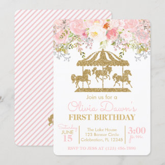 Floral Carousel Pink und Gold Girl Geburtstag Einladung