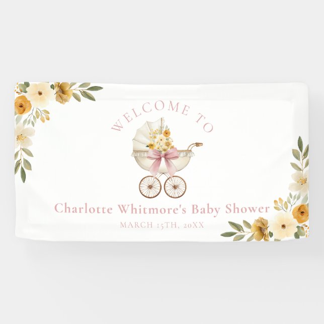 Floral Carriage Baby Shower Welcome Banner | Blush (Horizontal)
