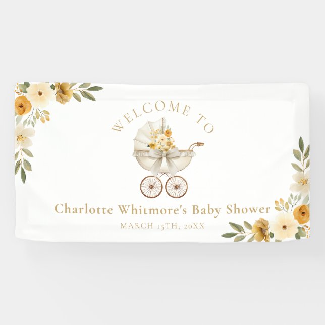 Floral Carriage Welcome Baby Shower | Neutral Banner (Horizontal)