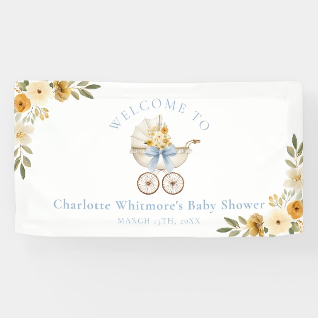 Floral Carriage Welcome Banner | Baby Blue Shower  (Horizontal)