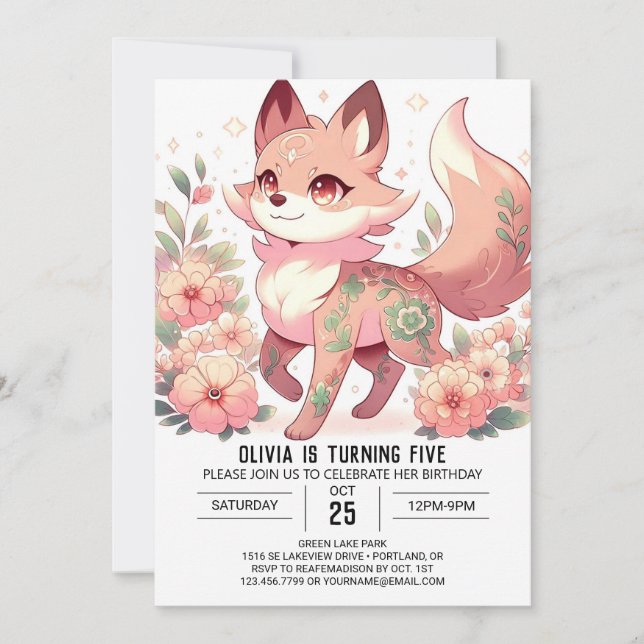 Floral Cartoon Wolf Digital Geburtstag Einladung (Vorderseite)