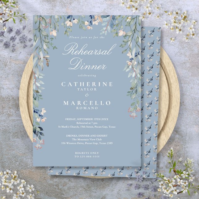 Floral Cascade Dusty Blue Probe Dinner Einladung (Floral Cascade Dusty Blue Rehearsal Dinner Invitation)