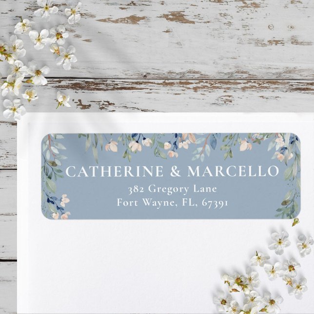 Floral Cascade Dusty Blue Wedding Rücksendeadresse (Floral Cascade Dusty Blue Wedding Return Address Label)