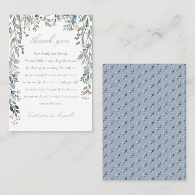 Floral Cascade Dusty Blue Wedding Vielen Dank Platzkarte (Vorne/Hinten)