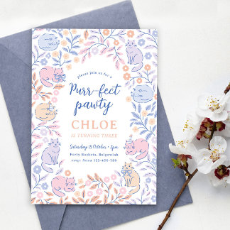 Floral Cat Birthday Invitation, Girls Cat Party  Einladung
