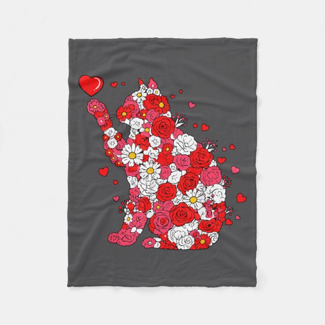 Floral Cat Heart Valentines Day Meow Kitty Kitten  Fleecedecke (Vorderseite)