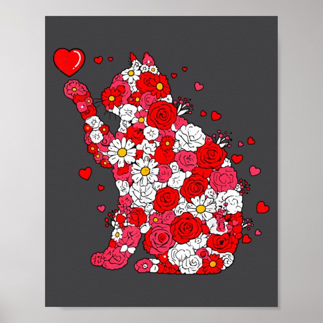 Floral Cat Heart Valentines Day Meow Kitty Kitten  Poster (Vorne)