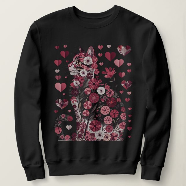 Floral Cat of Love – Romantic Pink Botanical Kitty Sweatshirt (Design vorne)